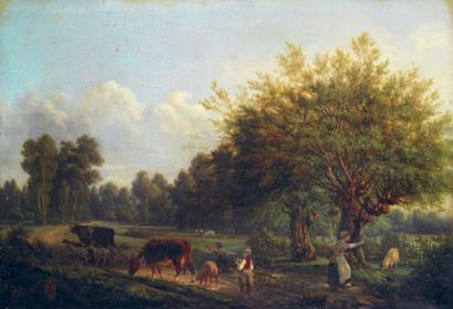 JOZAN Saintin François (Paris 1797-1868) Le troupeau dans un chemin de campagne....