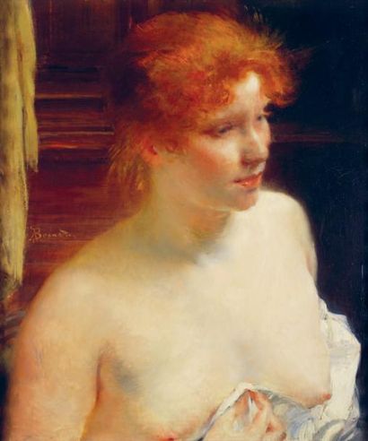 Albert BESNARD (1849-1934) Portrait de femme rousse. Huile sur toile, signée au centre...