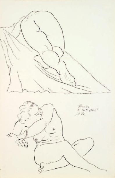 Alexandre ROUBTZOFF (1884-1949) Etude de Nus, 1946 Encre sur papier Situé Paris,...