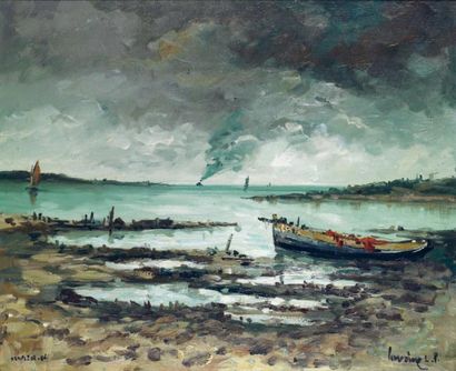 Robert LAVOINE (1916-1999) Barque à marée basse à Honfleur, 1946 Huile sur toile...