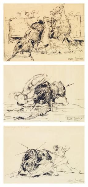 Roberto DOMINGO (1883-1956) Ensemble de trois dessins à l'encre: scène de tauromachie...