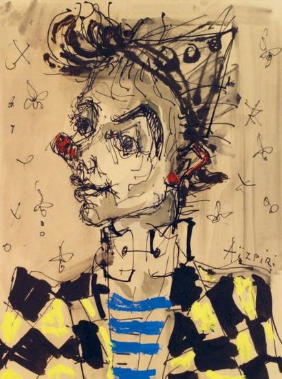Paul AIZPIRI (né en 1919) Tête de clown Huile et encre sur papier Signé en bas à...