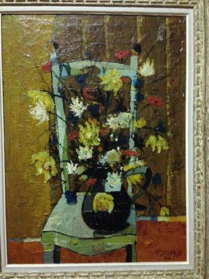 Bernard POMEY (1928-1959) Vase fleuri sur une chaise, 1955 Huile sur toile. Signée...