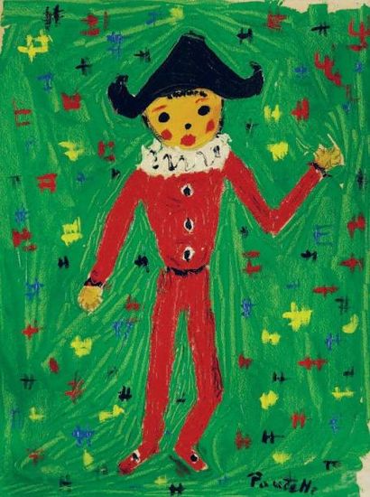 POUCETTE (1936-2006) Clown Huile sut papier Signé en bas à droite 31 x 25 cm
