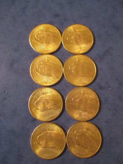 null 8 Pièces de 20 dollars Saint Gaudens en or jaune 1908 (2), 1923, 1924 (3), 1925,...