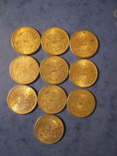 null 10 Pièces de 20 dollars Liberty Head en or jaune, 1858, 1876, 1877, 1879, 1880,...