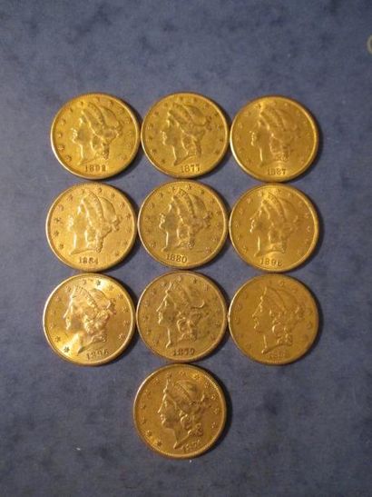 null 10 Pièces de 20 dollars Liberty Head en or jaune, 1858, 1876, 1877, 1879, 1880,...