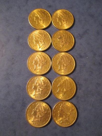 null 10 Pièces de 20 dollars Liberty Head en or jaune, 1897 (3), 1894, 1895 (5),...