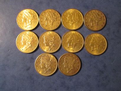 null 10 Pièces de 20 dollars Liberty Head en or jaune, 1900 (5), 1902, 1904 (4)