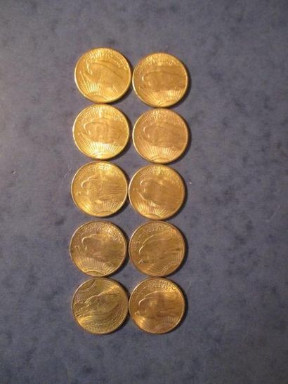 null 10 Pièces de 20 dollars Saint Gaudens en or jaune 1908 (2), 1910, 1912, 1914,...
