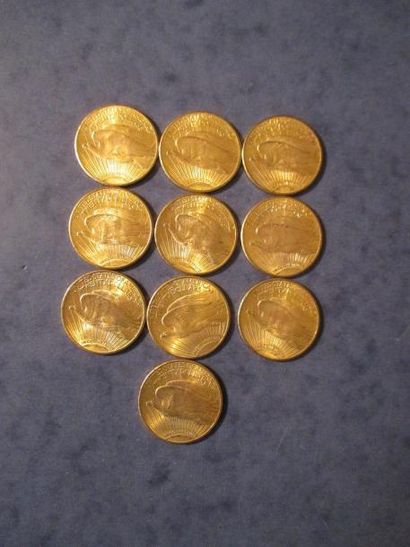 null 10 Pièces de 20 dollars Saint Gaudens en or jaune 1924 (8), 1927 (2)