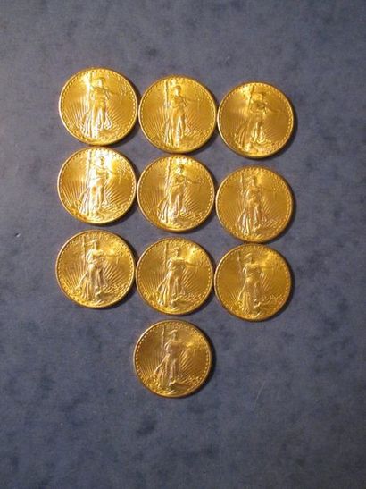 null 10 Pièces de 20 dollars Saint Gaudens en or jaune 1924 (8), 1927 (2)