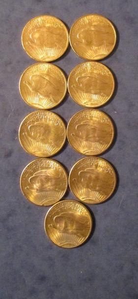 null 10 Pièces de 20 dollars Saint Gaudens en or jaune 1908 (2), 1915, 1922, 1924...