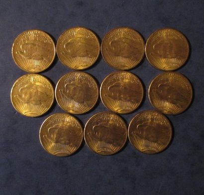 null 10 Pièces de 20 dollars Saint Gaudens en or jaune 1922 (3), 1927 (6), 1928 ...