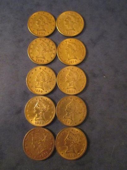 null 10 Pièces de 10 dollars Coronet Head en or 1889, 1893 (3), 1894, 1898, 1899...