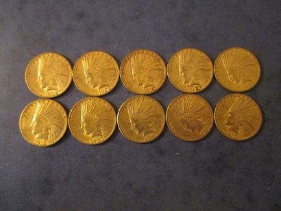 null 10 Pièces de 10 dollars Indian Head en or 1908 (2), 1910 (7), 1912