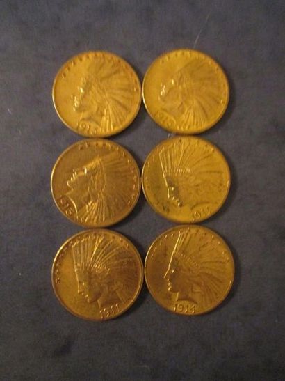 null 6 Pièces de 10 dollars Indian Head en or 1911 (2), 1913 (3), 1914