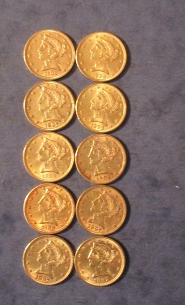 null 10 Pièces de 5 dollars Liberty Head en or jaune 1897 (4), 1899 (3), 1902, 1908...
