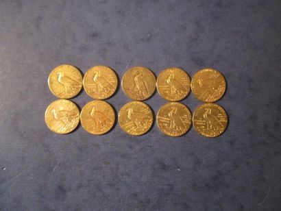 null 10 Pièces de 5 dollars Indian Head en or jaune 1908, 1909 (4), 1912, 1913 (3),...