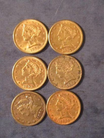 null 6 Pièces de 5 dollars Liberty Head en or jaune 1882, 1892, 1893, 1895 (2), ...