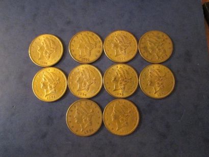 null 10 Pièces de 20 dollars Liberty Head en or 1876, 1877, 1881, 1884, 1890, 1891,...