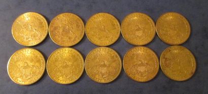 null 10 Pièces de 20 dollars Liberty Head en or 1900, 1901, 1902 (2), 1903, 1904...