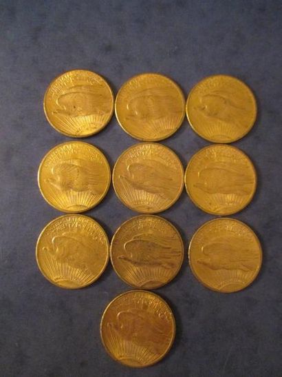 null 10 Pièces de 20 dollars Saint Gaudens en or 1907 (3), 1910 (6), 1922
