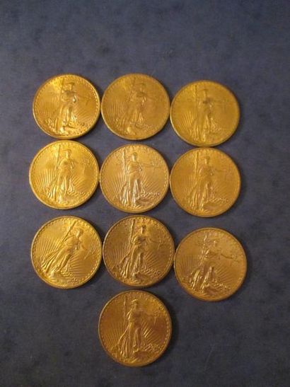 null 10 Pièces de 20 dollars Saint Gaudens en or 1907 (3), 1910 (6), 1922