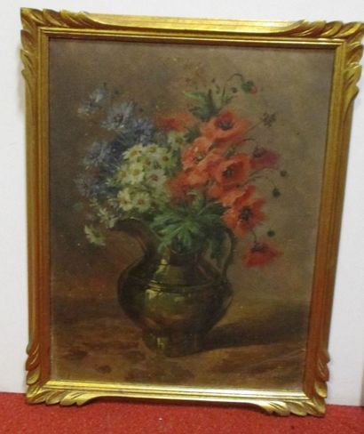 Louis LETSCH (1856-1940) Cruche au bouquet de fleurs huile sur isorel signée en bas...