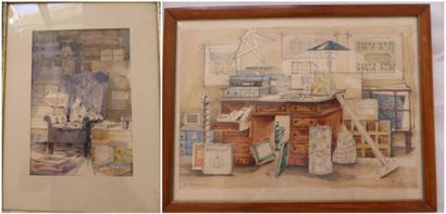 Matei. POPOVICI (1962-) Vue d'intérieur Deux aquarelles signées 22 x 15 et 17 x 23...