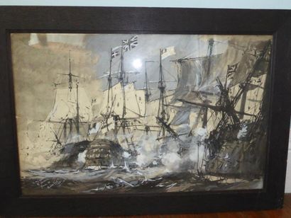 Ecole Moderne Bataille navale aquarelle gouachée 48 x 76 cm