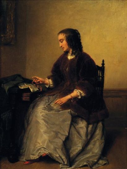 ANONYME dans le gout Hollandais Femme assise Huile sur toile 24 x 19,5 cm