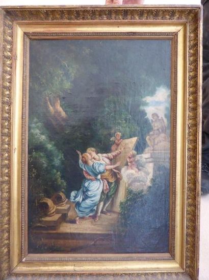 Ecole du XIXème s dans le goût du XVIIIème s Le baiser Huile sur toile 54 x 37 c...