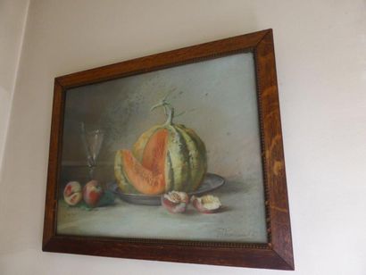 BHOUAULT Nature-morte au melon pastel signé 45 x 60 cm