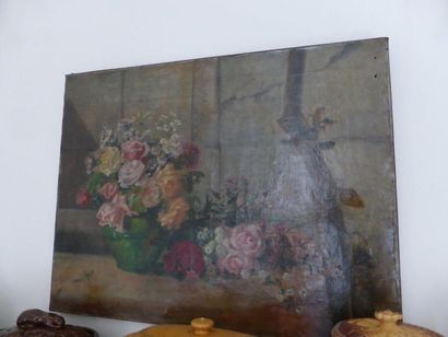 Ecole du XIXème Nature-morte aux bouquets de fleurs Huile sur toile 50 x 65 cm.(...