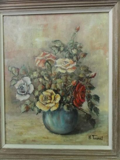 Ecole Moderne Vase de roses Huile sur toile signé H. Tourel