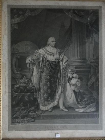 null Portrait de Louis XVIII en tenue d'apparat et régalias Gravure (accidents) H:76,...