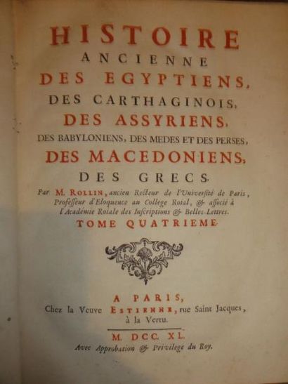 LIVRES ANCIENS ROLLIN: Histoire ancienne. Paris, 1740; 6 volumes in - 4°, veau très...