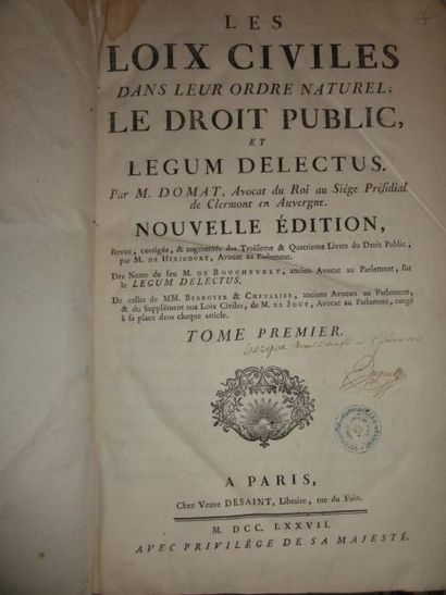 LIVRES ANCIENS DOMAT: Lois civiles, 1777, 2 tome en 1vol. in-folio veau jaspé orné...
