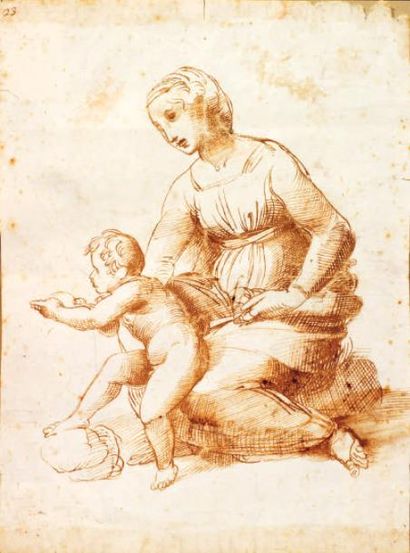 RAPHAEL (Raffaello) Santi ou Sanzio, dit (D'après) 1483 - 1520 La Vierge à l'enfant...