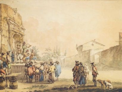 ECOLE FRANCAISE - Moitié du XVIIIe siècle Villageois écoutant le concert de village...