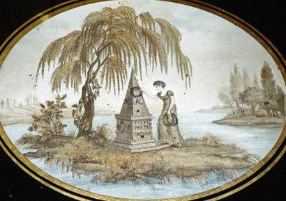 ECOLE FRANCAISE DU XIXème siècle Jeune fille debout sur un ilot, couronnant un mausolée...
