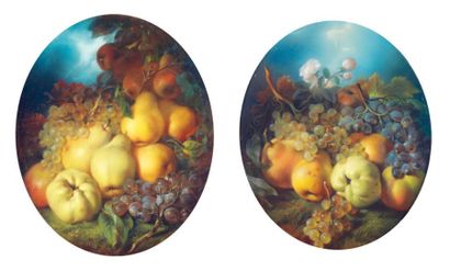 FOURAU Hugues, Paris 1803-1873 1 - Coins, pommes, poires et raisin sur fond de ciel...