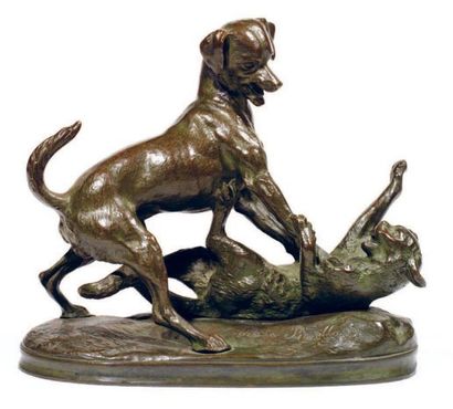 D'après Pierre-Louis ROUILLARD (1820-1881) Chien et chat se battant Groupe en bronze...