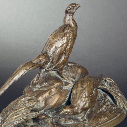 Auguste Nicolas CAÏN (1822-1894) Couple de faisans Epreuve en bronze patiné, signée...