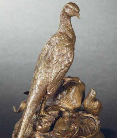 Jules Moigniez (1835-1894) Faisan sur un rocher et petits Epreuve en bronze à patine...