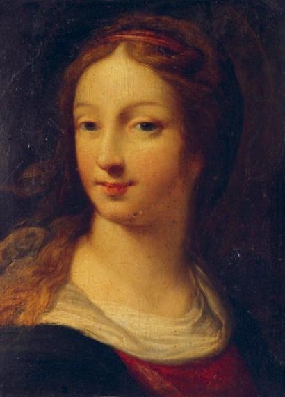 École Française du XVIIe siècle Portrait de jeune femme sainte d'une auréole Huile...