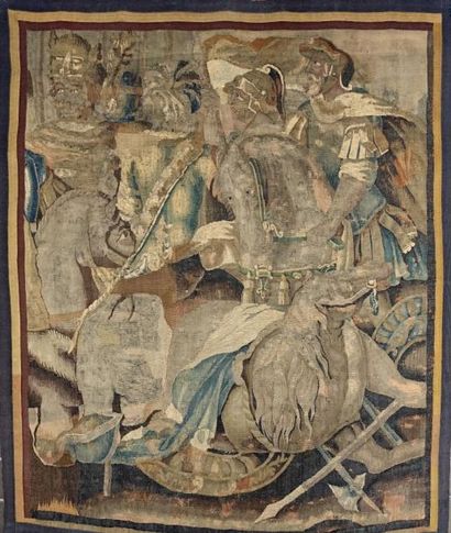 AUBUSSON Fragment de tapisserie représentant un combat de cavaliers Fin du XVIIème...