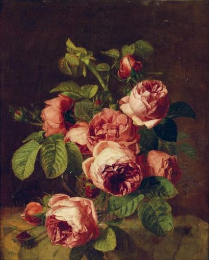 BERJON Antoine (Attribué à) 1754 - 1843 Vase de roses sur un entablement Huile sur...