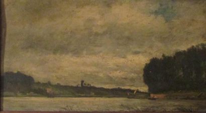 Emile MATHON (1855-1910) La Seine à Melun, (premier voyage à bord de l'UNION). Huile...